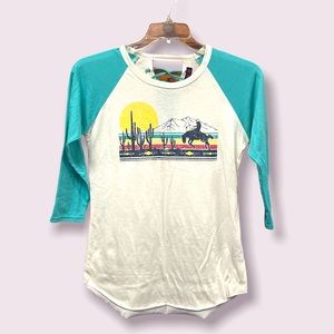 Rock & Roll Cowgirl Southwest 3/4 Sleeve Baseball Tee Lace Up Back, Size Medium